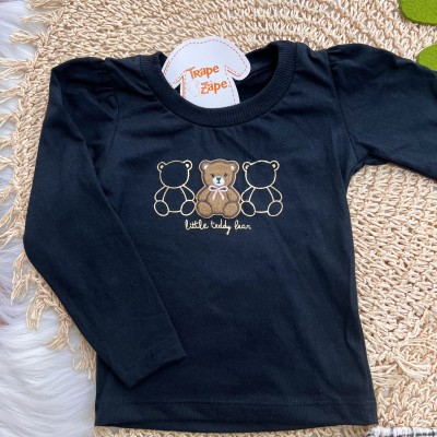 Conj. Blusa Little Teddy Bear e Short Saia Quadriculado em Plush - Preto e Areia